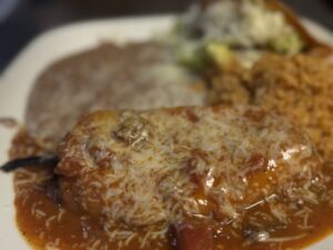 Chile Relleno stuffed with cheese and topped with tomato sauce at La Tapatia