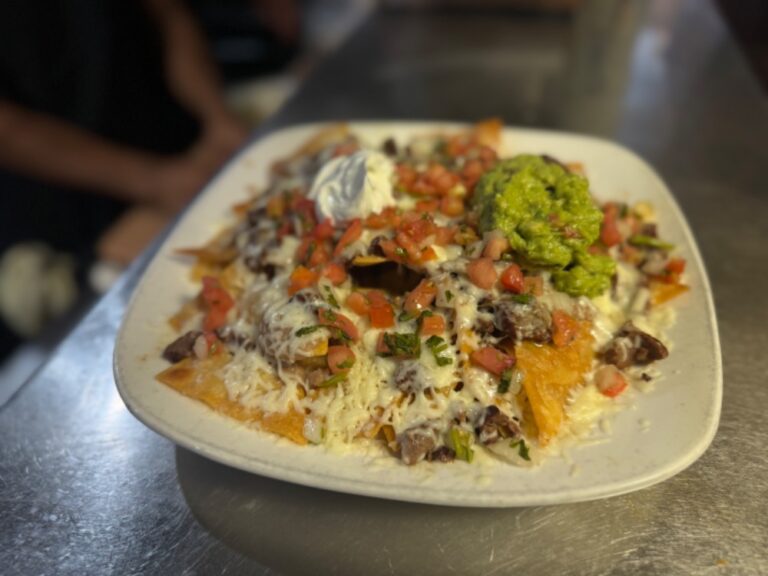 Mexican steak nachos with melted cheese, salsa, sour cream, and guacamole